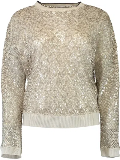 Brunello Cucinelli Metallic-finish Open-knit Sweater In Grey