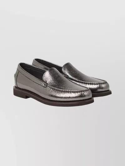 BRUNELLO CUCINELLI METALLIC FINISH ROUND TOE LOAFERS WITH RUBBER SOLE