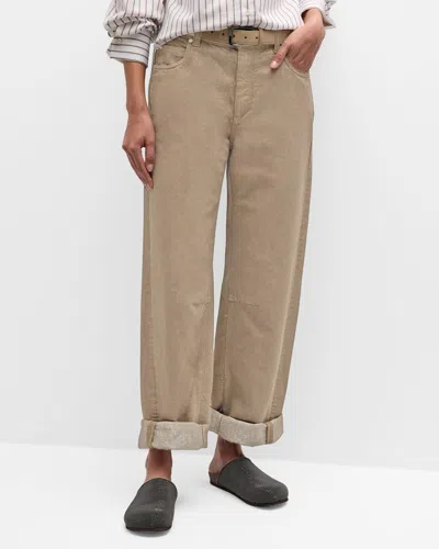 Brunello Cucinelli Metallic Garment Dyed Denim Relaxed Straight-leg Pants In C8690 Coffe Cream