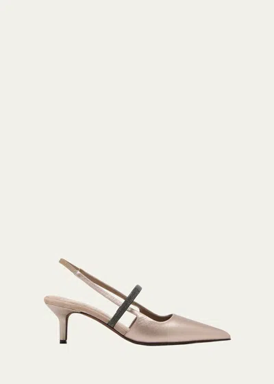Brunello Cucinelli Metallic Kitten-heel Slingback Pumps In C9104 Pearl