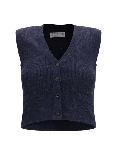 Brunello Cucinelli Metallic Knit Cashmere Cardigan In Blue