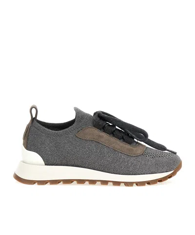 Brunello Cucinelli Low Top Sneakers With Contrast Sole And Textured Panels In Gray