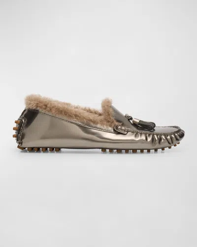 Brunello Cucinelli Metallic Lamb Shearling Fur Drivers In Slate