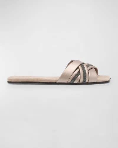 Brunello Cucinelli Metallic Leather Crisscross Slide Sandals In C9104 Pearl