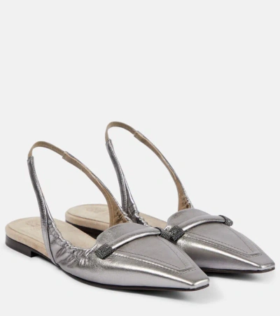 Brunello Cucinelli Metallic Leather Slingback Flats In Silber