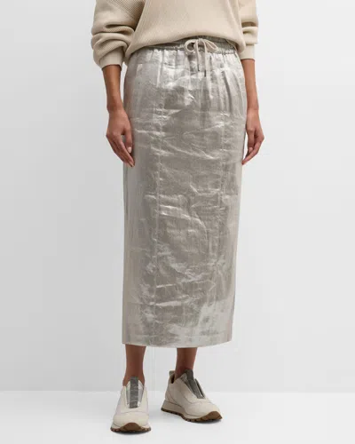 Brunello Cucinelli Metallic Linen Column Midi Skirt In C281 Silver