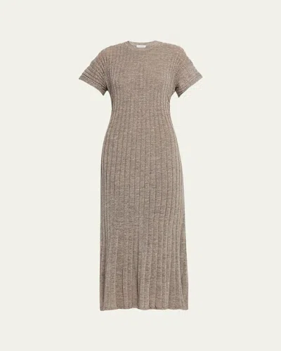 Brunello Cucinelli Metallic Linen Rib Short-sleeve Midi Dress In Gray