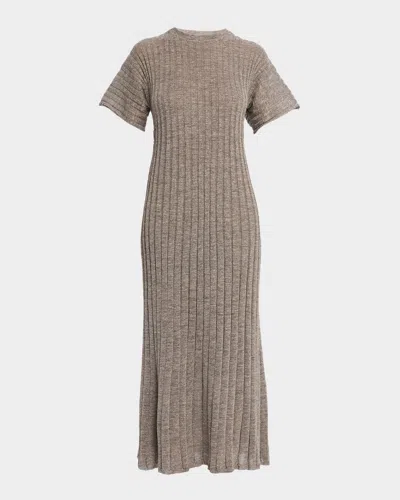 Brunello Cucinelli Metallic Linen Rib Short-sleeve Midi Dress In Brown