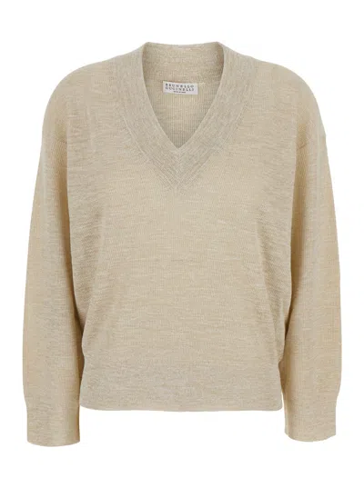 Brunello Cucinelli Metallic Linen-blend V-neck Sweater In Neutral