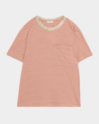 Brunello Cucinelli Metallic Monili-collar Striped Jersey T-shirt In Red