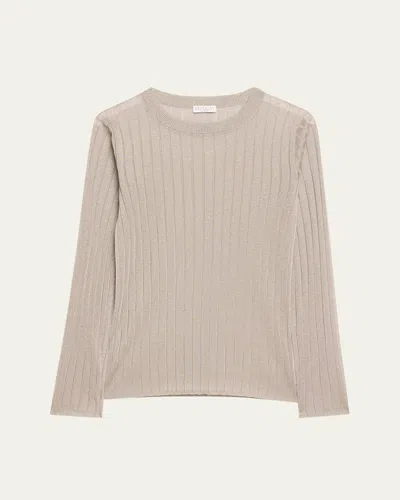 Brunello Cucinelli Metallic Rib Fitted Knit Sweater In Medium Grey