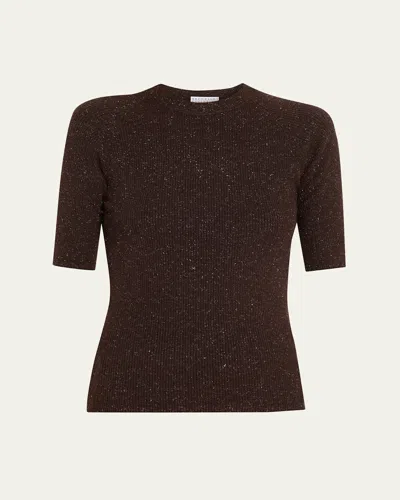 Brunello Cucinelli Metallic Rib Short-sleeve Crewneck Sweater In Brown