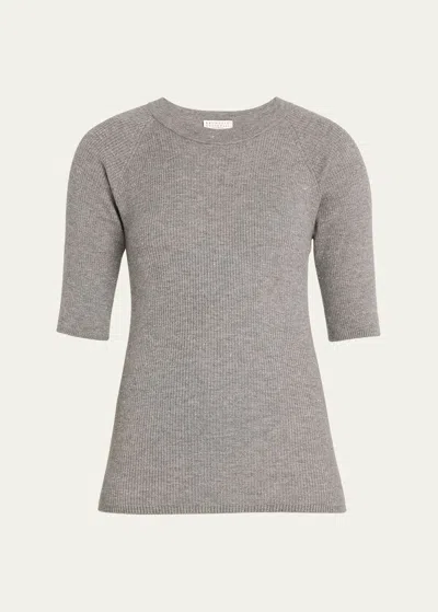 Brunello Cucinelli Metallic Ribbed Cashmere Top In C079 Charcoal