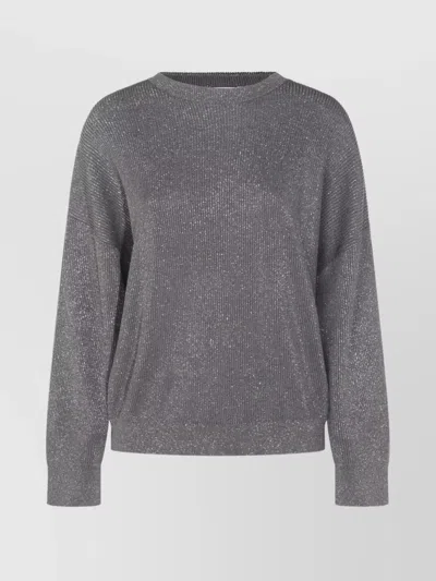 Brunello Cucinelli Metallic Ribbed Crewneck Knitwear With Long Sleeves In Gray