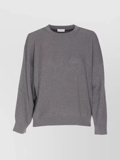 Brunello Cucinelli Metallic Ribbed Crewneck Knitwear With Long Sleeves In Gray