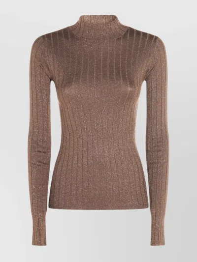Brunello Cucinelli Metallic Ribbed Slim Fit Mock Neck In Brown