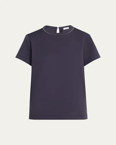 Brunello Cucinelli Metallic Seams Cotton Stretch Short-sleeve T-shirt In Purple
