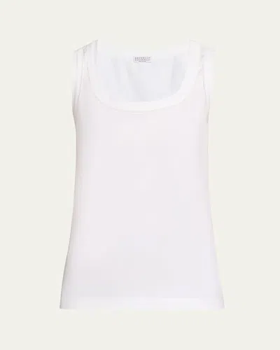 Brunello Cucinelli Metallic Stitched Scoop-neck Cotton Stretch Tank Top In White