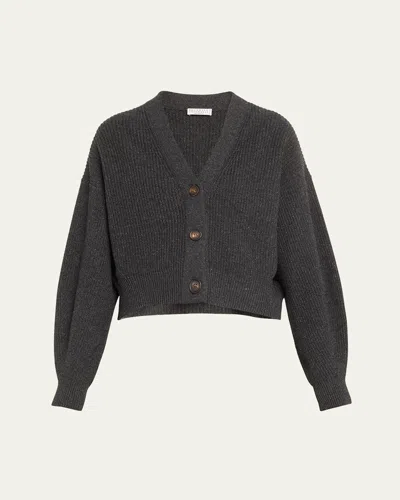 Brunello Cucinelli Metallic V-neck Cashmere Wool Cardigan In Anthracite