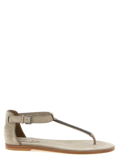 Brunello Cucinelli Metallic-embroidered T-strap Sandal In Neutral