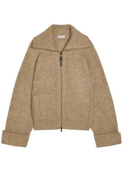 Brunello Cucinelli Metallic-knit Cashmere-blend Cardigan In Nude