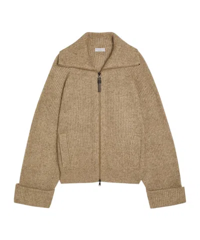 Brunello Cucinelli Metallic-knit Cashmere-blend Cardigan In Brown