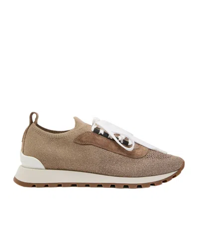 Brunello Cucinelli Metallic-knit Sneakers In Brown