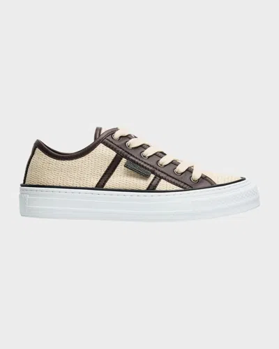 Brunello Cucinelli Micro Raffia And Leather Low-top Sneakers In Multi