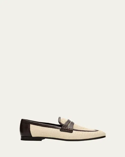 Brunello Cucinelli Micro Raffia And Leather Penny Loafers In Neutral