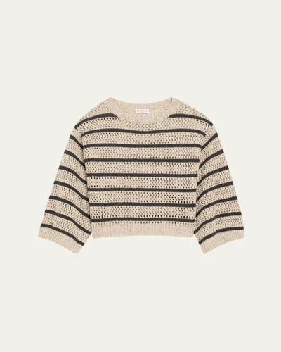 Brunello Cucinelli Micro Sequined Linen French Riveria Stripe Sweater In Brown