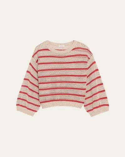Brunello Cucinelli Micro Sequined Linen French Riveria Stripe Sweater In Cool Beige