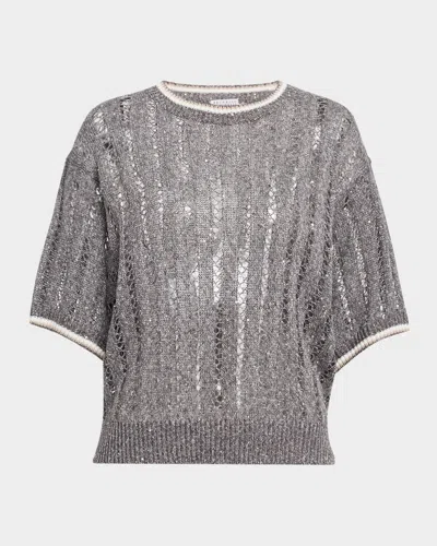 Brunello Cucinelli Micro Sequined Linen French Riveria Sweater In Cdd25 Dark Grey