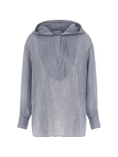 Brunello Cucinelli Relaxed Hooded Shirt Linen Silk Blend In Blue
