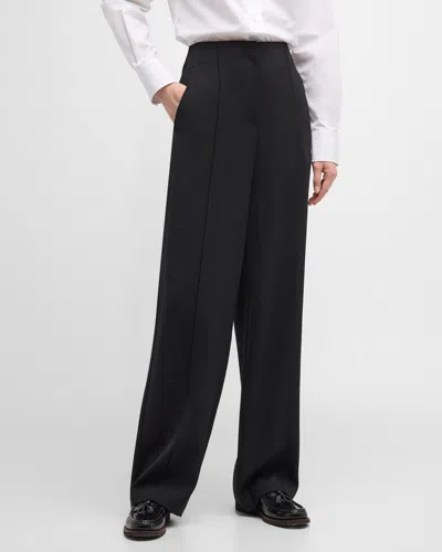 Brunello Cucinelli Mid-rise Pintuck Wool Grisaille Straight-leg Trousers In C101 Black