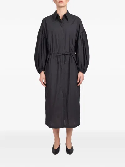 Brunello Cucinelli Midi Drawstring-waist Voluminous-sleeve Shirt Dress In Black