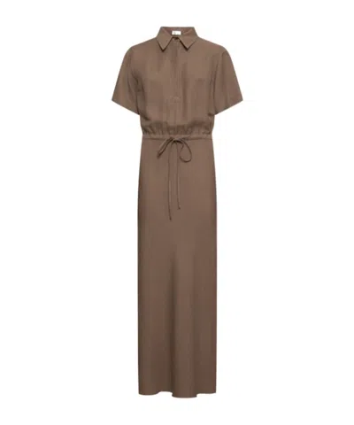 Brunello Cucinelli Fluid Linen Blend Twill Midi Shirt Dress In Brown