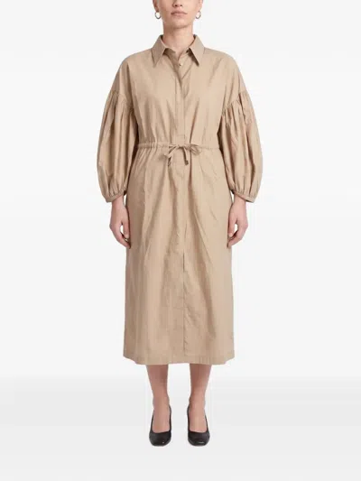 Brunello Cucinelli Gathered-sleeve Cotton-blend Shirt Dress In Brown