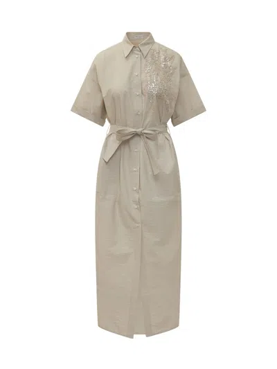 Brunello Cucinelli Midi Suit Shirt With Belt And Embroidery In Gray