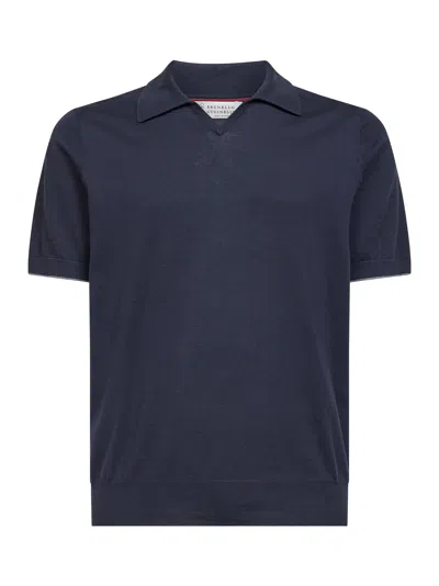 Brunello Cucinelli Men Midnight Blue Cotton Knit Polo Shirt In Animal Print