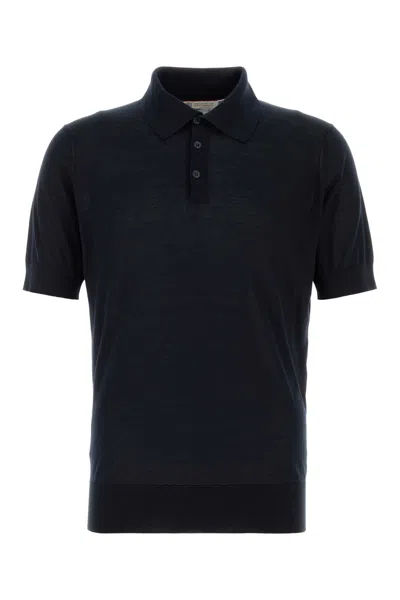 Brunello Cucinelli Men Midnight Blue Silk Blend Polo Shir In Multi