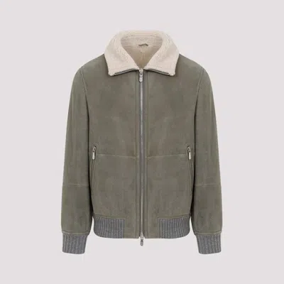 Brunello Cucinelli Military Green Mutton Leather Bomber Jacket