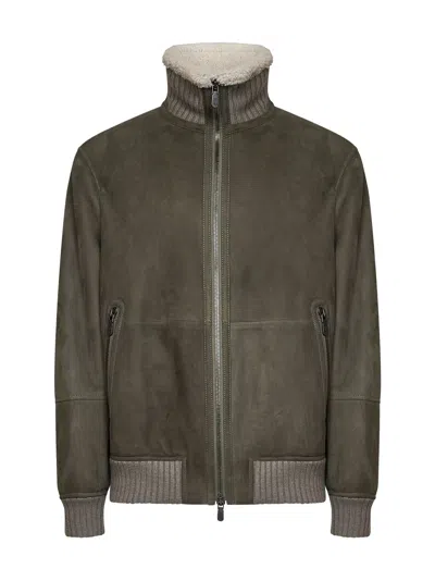 Brunello Cucinelli Military Green Sheepskin Bomber Jacket In Brown