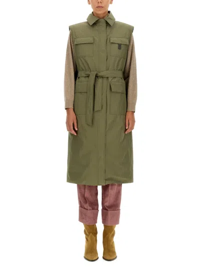 Brunello Cucinelli Military Green Taffeta Trench Jacket With Double Zipper