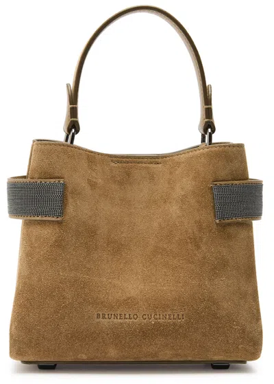 Brunello Cucinelli Mini Bead-embellished Suede Top Handle Bag In Brown