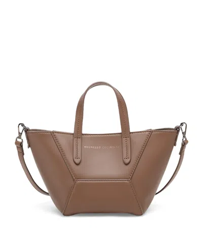 Brunello Cucinelli Mini Calfskin Bc Duo Top-handle Bag In Brown