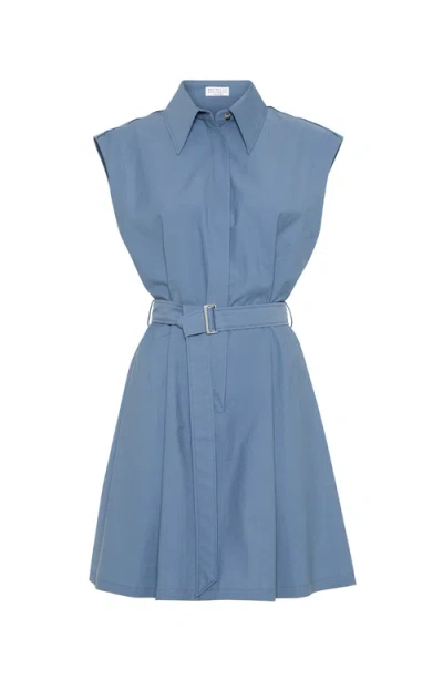 Brunello Cucinelli Mini Chemisier Dress With Monili In Avio Blue