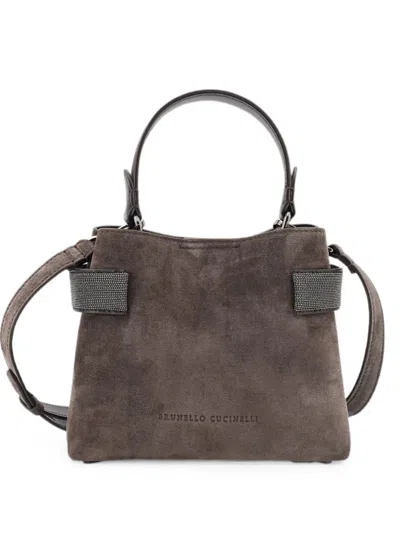Brunello Cucinelli Mini Essence Monili-embellished Suede Tote Bag In Grey