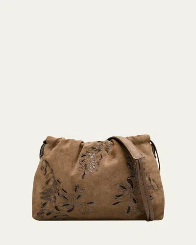 Brunello Cucinelli Mini Floral-embroidered Suede Pouch Bag In Brown