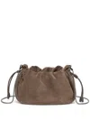 Brunello Cucinelli Soft Suede Drawstring Bag With Chain-link Strap In Brown