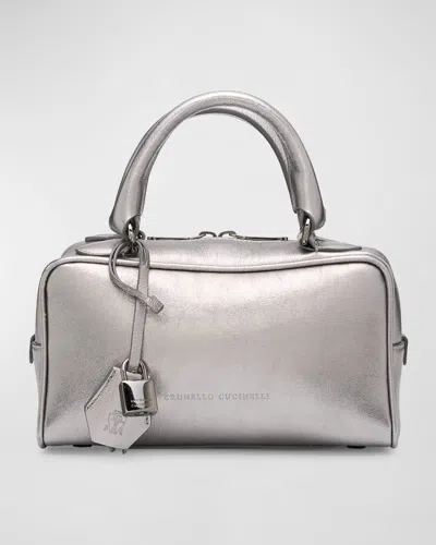 Brunello Cucinelli Mini Metallic Leather Boston Bag In White